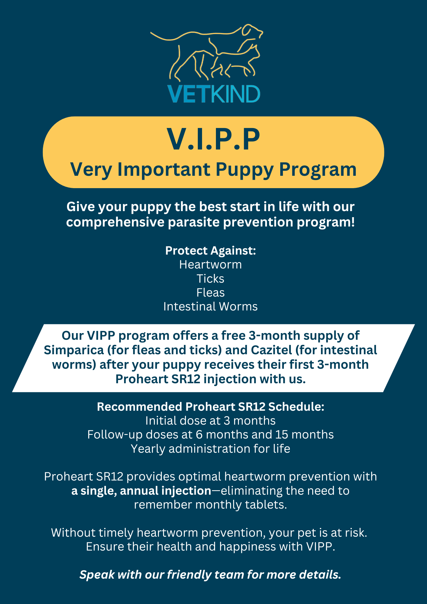 Poster advertising Vetkind Promotions. Details of the V.I.P.P Very Important Puppy Program.